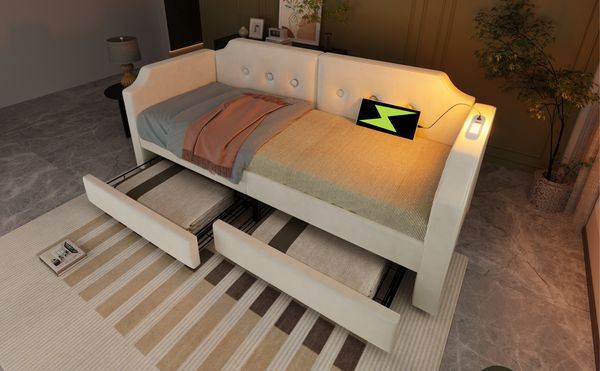 Polsterbett 90×200 cm mit USB/Type-C, Leselicht & 2 Schubladen, Samt Beige