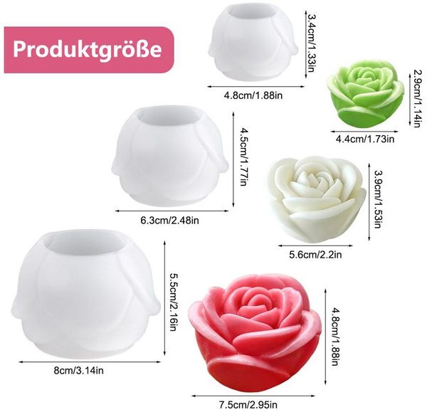 FOUORTUNATE-BEE Silikonform 3 Stück Silikonform Rose Kerzen Formen Silikonform Blumen, (3-tlg), für handgefertigte Duftkerzen, Seifen, Gips- und Harzhandwerk