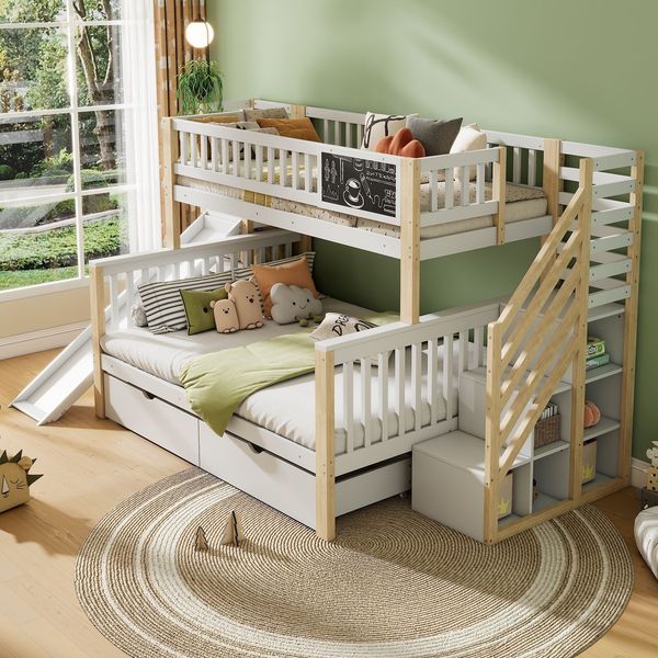 Etagenbett mit Schubladen, Rutsche, Regal, Treppe, Rausfallschutz und Lattenrost, 90x200cm/140x200cm, Kinderbett, Kiefer