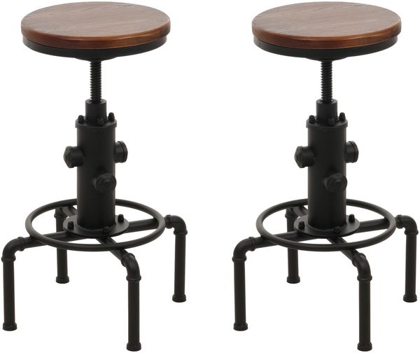 2er-Set Barhocker HWC-N23, Barstuhl Tresenhocker höhenverstellbar drehbar Fußablage Industrial Stahl Massiv-Holz ~ braun