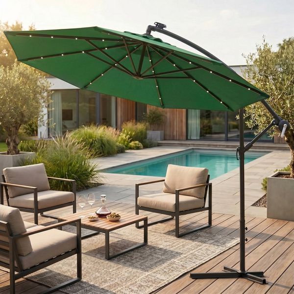 Swing&Harmonie Sonnenschirm mit LED Beleuchtung Luxus Ampelschirm 300 / 350cm, Garten Schirm inkl. Abdeckhaube