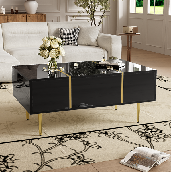 Couchtisch Hochglanz Schwarz mit 2 Schubladen & Goldakzenten - 100x60x41,5 cm