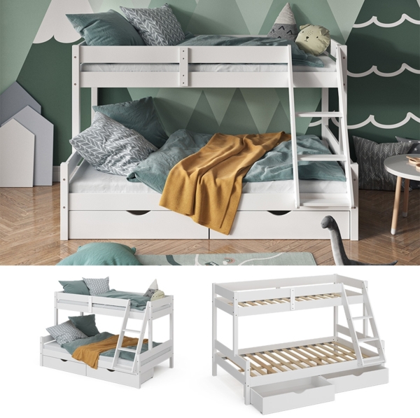 VitaliSpa Hochbett Kinderbett Spielbett Everest Weiß modern 120x200 Massivholz Kinderzimmer Bett Lattenrost Bettleiter Kletterbett Doppelbett Geschwisterbett Bettschublade Rollschublade
