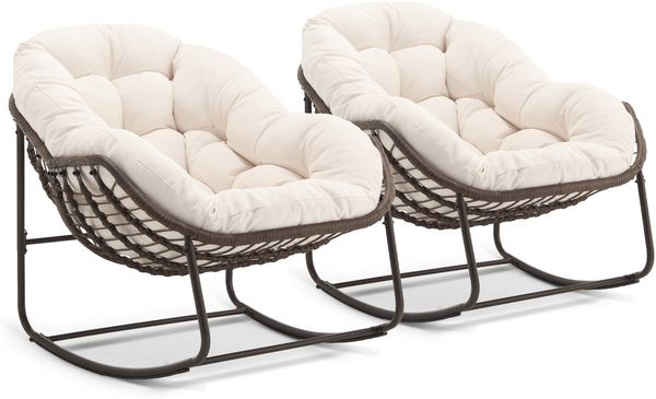 LVHOM Schaukelstuhl mit gepolstertem Kissen, Rattanstuhl mit Stahlrahmen, Lounge Sessel, Schaukelsessel, 2 St, für Balkon/Garten/Wohnzimmer/Schlafzimmer