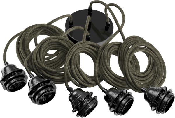 HOOPZI - Pendelleuchte - Hang 5 Flammig - 3,5m Textilkabel Seil - 5 X E27 Fassung - Vintage Retro kaki Bild 1