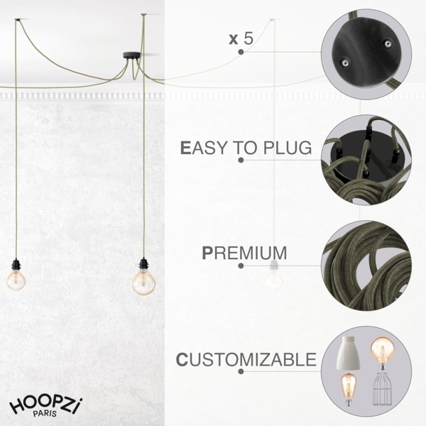 HOOPZI - Pendelleuchte - Hang 5 Flammig - 3,5m Textilkabel Seil - 5 X E27 Fassung - Vintage Retro kaki Bild 3