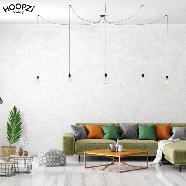 HOOPZI - Pendelleuchte - Hang 5 Flammig - 3,5m Textilkabel Seil - 5 X E27 Fassung - Vintage Retro kaki Bild 2