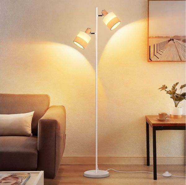 Nettlife Stehlampe Vintage aus Holz 2x E14 Fassungen Stoffschirm Fußschalter für Flur, LED wechselbar, für Schlafzimmer (ohne Leuchtmittel)