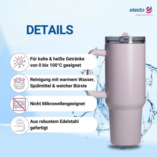 elasto Becher Edelstahl Trinkbecher mit Deckel und Strohhalm 1,2 Liter, isoliert, robust, für unterwegs