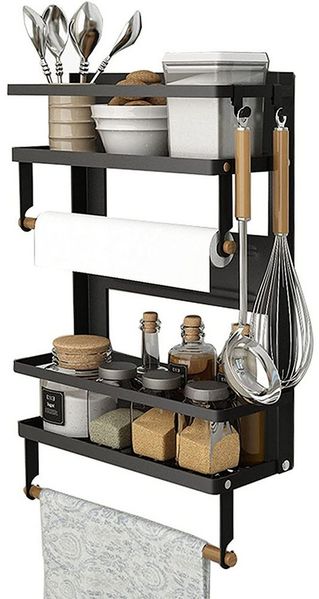 JEOBEST Küchenregal Gewürzregal Magnetisch Kühlschrank (Ohne Bohrung), 2 Etagen, mit Küchenrollenhalter und 4 Haken