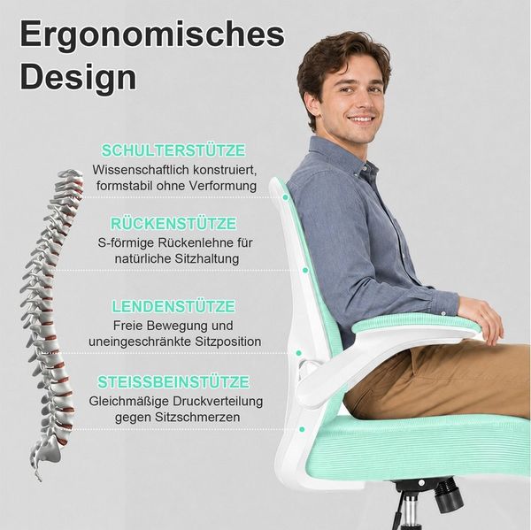 Durrafy Bürostuhl Ergonomischer Bürostuhl,Schreibtischstuhl mit klappbaren Armlehnen (Höhenverstellbarer Drehstuhl mit Wippfunktion bis 130°,Computerstuhl mit verstellbarer Lendenwirbelstütze und leisen Rollen), Chefsessel mit 150 kg Tragfähigkeit