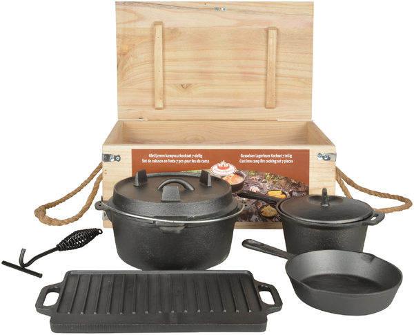 Dutch Oven 7er Set aus Gusseisen in einer Holz Kiste
