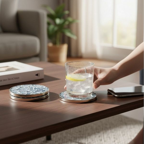 Macosa Home Getränkeuntersetzer Untersetzer 4 Stück rund Metall Holz 10 cm Blau Grau od. Grün, Untersetzerset Mosaik Optik, Glasuntersetzer Tischuntersetzer Getränke