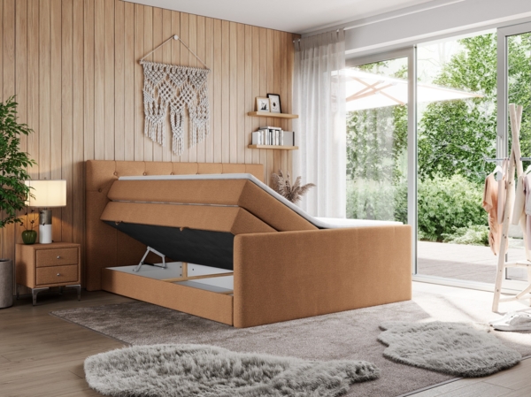 Boxspringbett KING VELEN, Doppelbett mit Multipocket-Matratze, Polsterbett mit Kopfstütze - 200x200 - Orange Stoff - H3 Bild 2