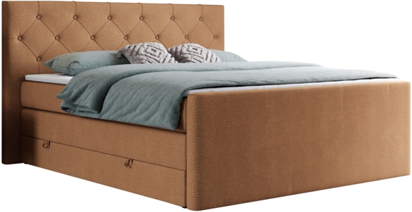 Boxspringbett KING VELEN, Doppelbett mit Multipocket-Matratze, Polsterbett mit Kopfstütze - 200x200 - Orange Stoff - H3 Bild 3