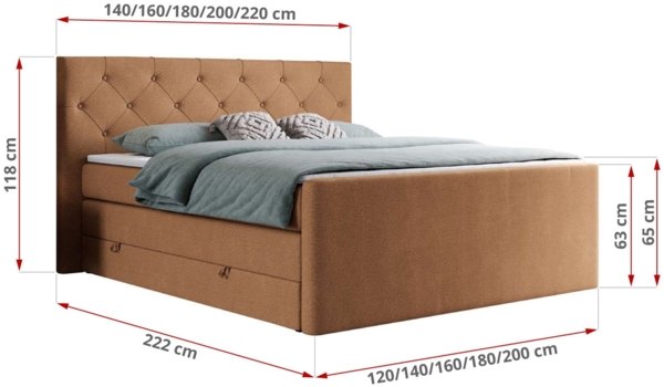 Boxspringbett KING VELEN, Doppelbett mit Multipocket-Matratze, Polsterbett mit Kopfstütze - 200x200 - Orange Stoff - H3 Bild 5
