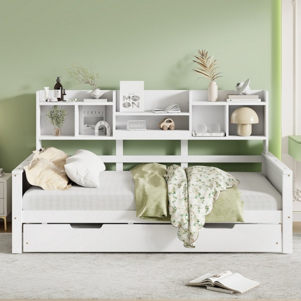 OKWISH Schlafsofa Kinderbett Einzelbett Holzbett, Schubladen und Regale, mit Ausziehbett 90x190cm, Stauraum & Lattenrost – Massivholz Kiefer, Perfekt für Gästezimmer & kleine Wohnungen, 90x200 cm Bild 3