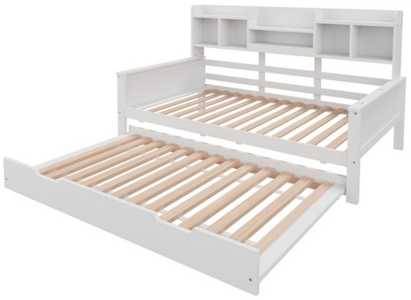 OKWISH Schlafsofa Kinderbett Einzelbett Holzbett, Schubladen und Regale, mit Ausziehbett 90x190cm, Stauraum & Lattenrost – Massivholz Kiefer, Perfekt für Gästezimmer & kleine Wohnungen, 90x200 cm Bild 4