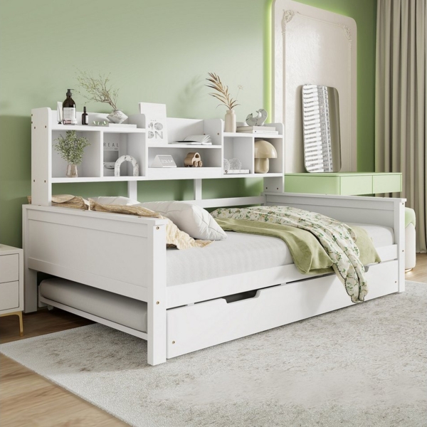 OKWISH Schlafsofa Kinderbett Einzelbett Holzbett, Schubladen und Regale, mit Ausziehbett 90x190cm, Stauraum & Lattenrost – Massivholz Kiefer, Perfekt für Gästezimmer & kleine Wohnungen, 90x200 cm Bild 2