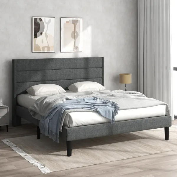 Polsterbett, Doppelbett mit Kopfteil und Lattenrost, 140x200 cm, Bezug, Leinen