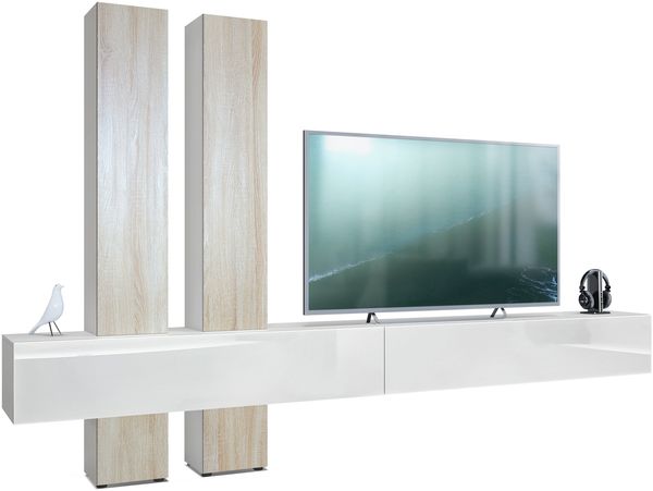Vladon Wohnwand Moja - Weiß matt & Weiß/Eiche sägerau - Moderne Anbauwand für Ihr Wohnzimmer (BxHxT) 330 x 204 x 39 cm