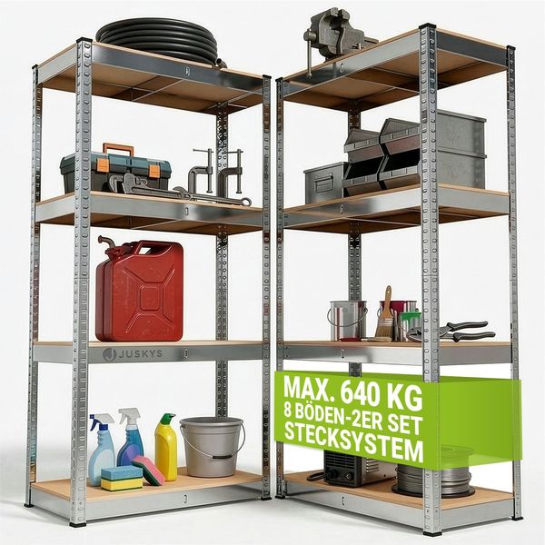 Juskys Lagerregal Easy 2er Set - Schwerlastregal 160x80x40 cm | 8 Böden | 640 kg | Metall verzinkt | Steckregal Kellerregal Metallregal