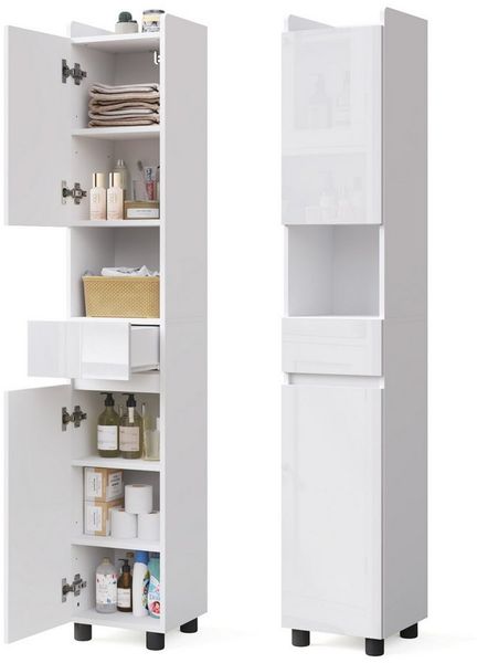 Mondeer Hochschrank Badezimmer (30 x 30 x 170 cm für Kleine Räume) Mit 2 verstellbaren Ablagen, 1 Schublade und offenen Fächern Weiß
