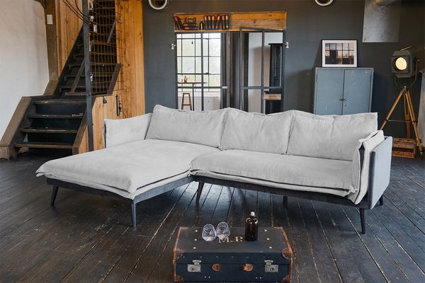 KAWOLA Sofa QUENYA Ecksofa Cord hellgrau / Velvet anthrazit Recamiere links 88 x 184 x 294 cm