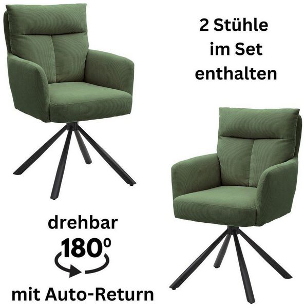 SOFIA Esszimmerstühle 2er Set mit schwarzem Metallgestell und Cord Bezug, Grün - Bequeme Stühle für Esszimmer & Wohnzimmer - 60 x 93 x 67 cm (B/H/T)