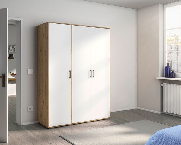 rauch Kleiderschrank; Drehtürenschrank VOYAGER, 3-türig, Alpinweiß/Eiche Artisan, 140x194x53xcm