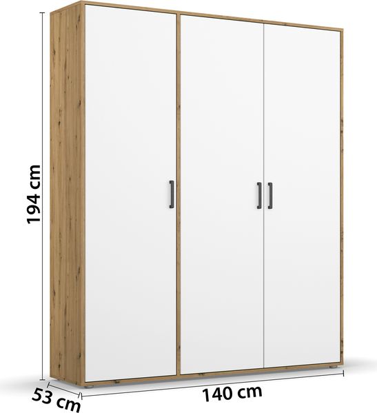 rauch Kleiderschrank; Drehtürenschrank VOYAGER, 3-türig, Alpinweiß/Eiche Artisan, 140x194x53xcm Bild 4