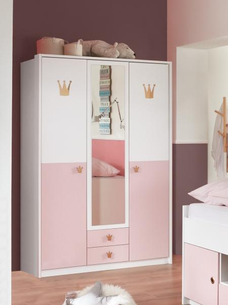 Kleiderschrank >CINDY2< (BxHxT: 139x199x58 cm) in WEISS + ABSETZUNGEN ROSE