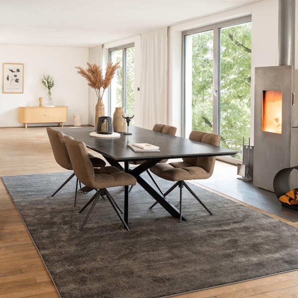 HOME DELUXE Essgruppe Eckig AVENCIA inkl. Sternfuß - 200 x 120 cm Dark Oak 4 Stühle Grau