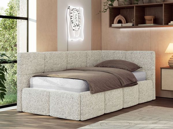 Jugendbett 90x200 ARVO Polsterbett mit Bettkasten, Stauraum & Gasdruckfeder, Modernes Design mit Kopfteil, Foam Matratze - Beige Strukture - MIRO LUX - Rechts Seite