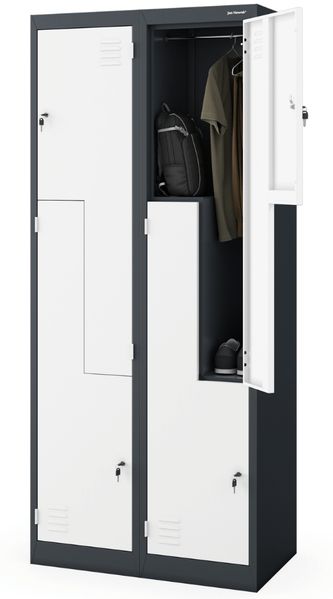 Umkleideschrank Spind JULIA - 4 Abteile mit Lüftungsschlitze | Umkleidespind Metall Schließfachschrank Garderobenspind, 185x80x45cm Anthrazit-Weiß