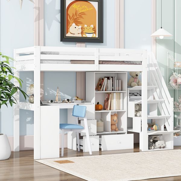 Hochbett 90x200 cm Kinderbett Loft-Stil mit Schreibtisch, Schubladen, offenen Regalen, platzsparendes Kinderzimmerbett, sicher und langlebig,weiß