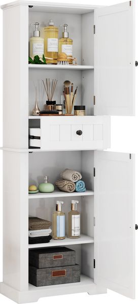 Flieks Badezimmer-Hochschrank, Badschrank mit 2 Türen, Schublade und verstellbaren Einlegeböden, 56 x 28 x 167 cm, weiß