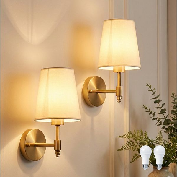 Lapalife Wandleuchte Wandlampe Innen Gold Vintage, mit Weißem Stoffschirm, 4W LED Birne, LED wechselbar, für Schlafzimmer Wohnzimmer Flur Treppenhaus Badezimmer