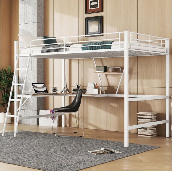 Flieks Hochbett Kinderbett Metallbett Etagenbett mit Schreibtisch und Regal 90x200cm