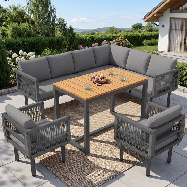Merax 6-teiliges Gartenlounge-Set, Ecksofa mit 2 Sesseln & Tisch, wetterfestes Stahlgestell, Seilgeflecht-Design, Outdoor Lounge für Balkon & Terrasse, Grau