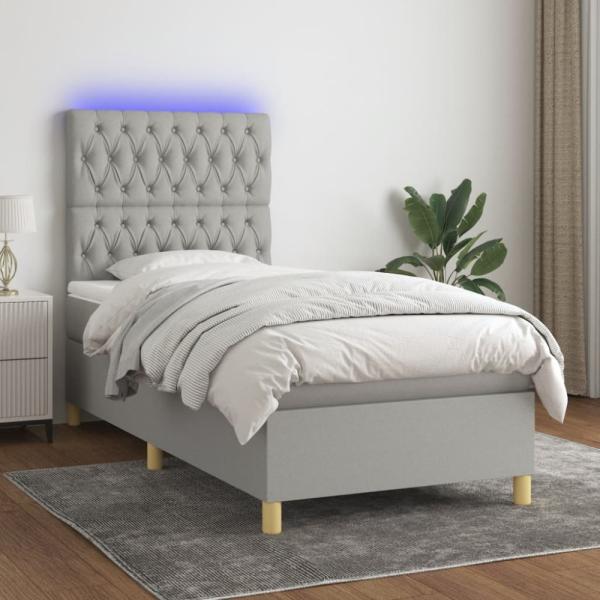 Boxspringbett mit Matratze & LED Stoff Hellgrau 90 x 200 cm, Härtegrad: H2 [3135645]