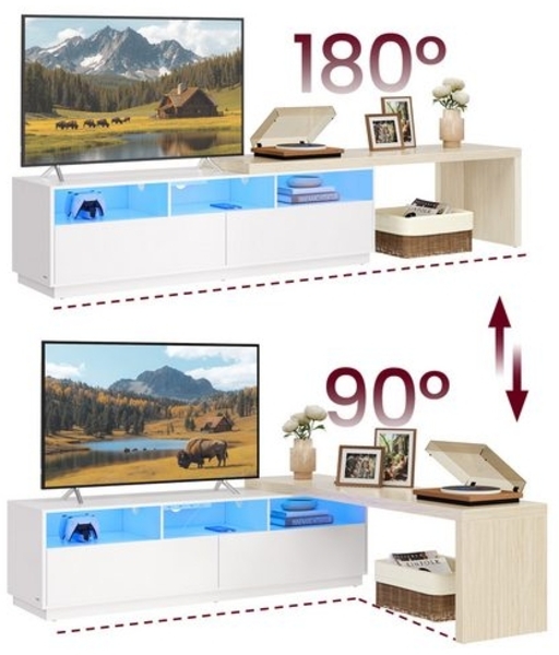 VASAGLE TV-Lowboard, verstellbare Länge 162-270 cm, Fernsehschrank in L-Form, 2 Schubladen, 3 offene Fächer, LED-Beleuchtung, Steckdosenleiste, Wohnzimmer, wolkenweiß-naturbeige