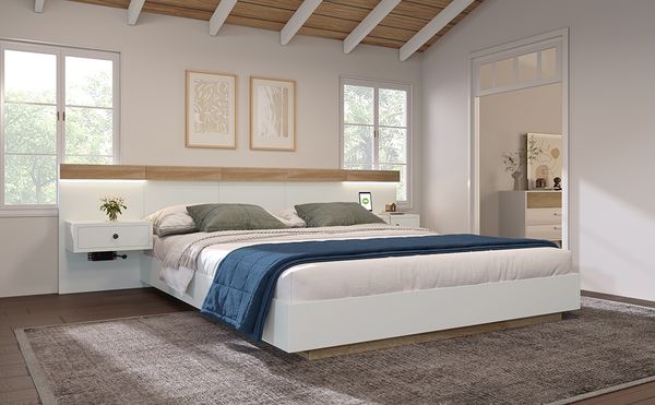 Schwebebett Holzbett mit 2 LED-Nachttischen & USB-Anschluss, 160x200 cm, Eiche/Weiß, ohne Matratze