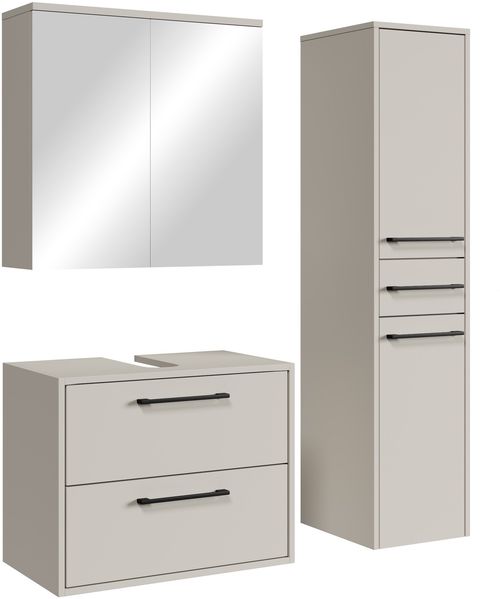 Waschbeckenunterschrank Set Florence 60x35 cm – Cashmere – Badmöbel mit Spiegelschrank und Hochschrank