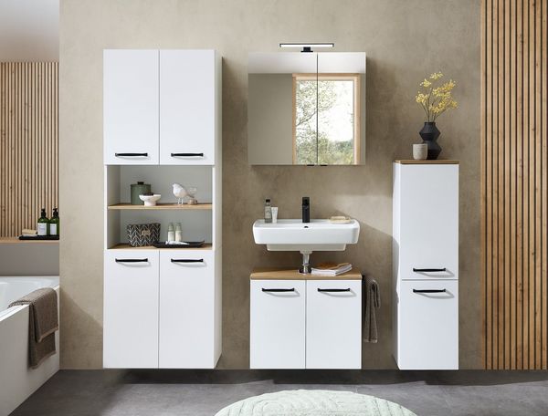 Saphir Hochschrank Quickset 500, Badschrank 61,6 cm breit, 4 Türen 4 Einlegeböden, 1 offenes Fach, Badezimmer-Hochschrank
