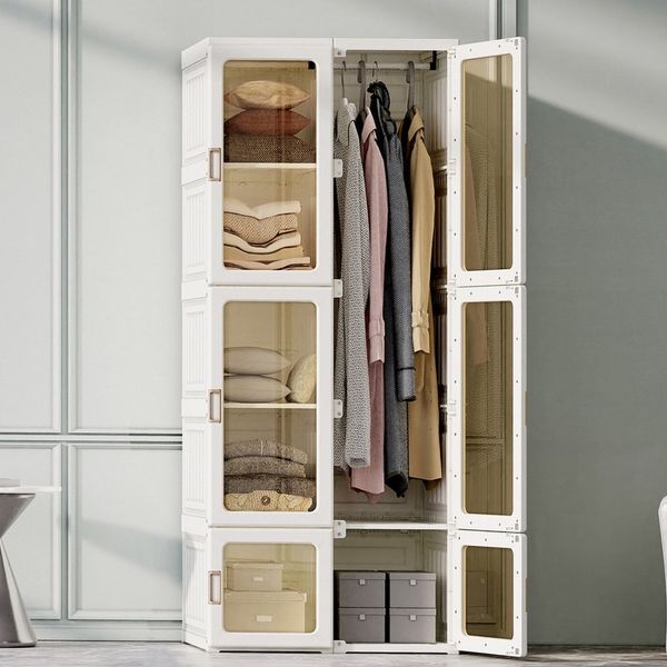 SEEZSSA Garderobenschrank Kleiderschrank mit Transparenten Türen 10 Fächer 6 Türen Aufhängung, Kleiderschrank für das Schlafzimmer Wohnzimmer Diele 170x69x50cm