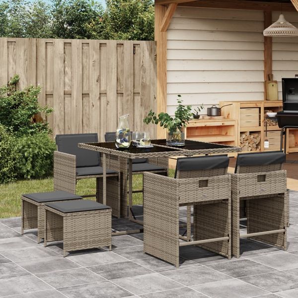 vidaXL 9-tlg. Garten-Essgruppe mit Kissen Grau Poly Rattan 3277903