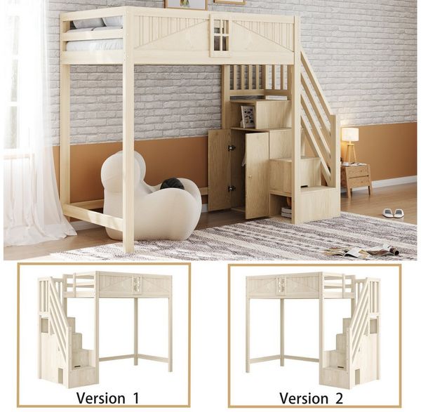 REDOM Kinderbett Hochbett aus Massivholz mit Sicherheits-Tür und Fenster (Flexibel montierbare Leiter, Viel Stauraum, 90x200 cm), ohne Matratze