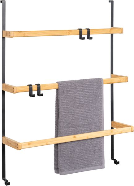 Tür-Hängeregal aus Metall und Bambus, 3 Handtuchstangen, 4 Haken, schwarz