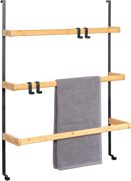 Tür-Hängeregal aus Metall und Bambus, 3 Handtuchstangen, 4 Haken, schwarz